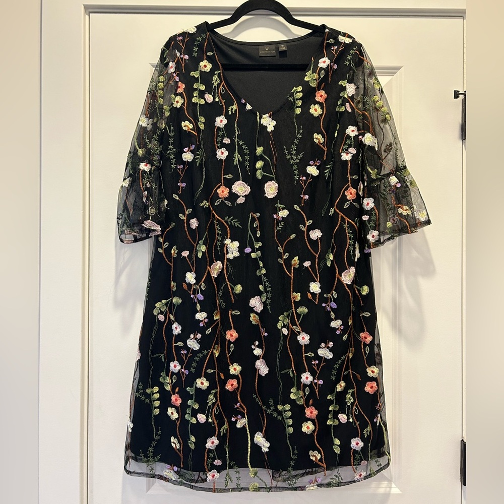 Worthington Floral Embroidered Mesh Overlay Mini Dress Black Sheer Sleeve Sz 12 - Picture 2 of 7